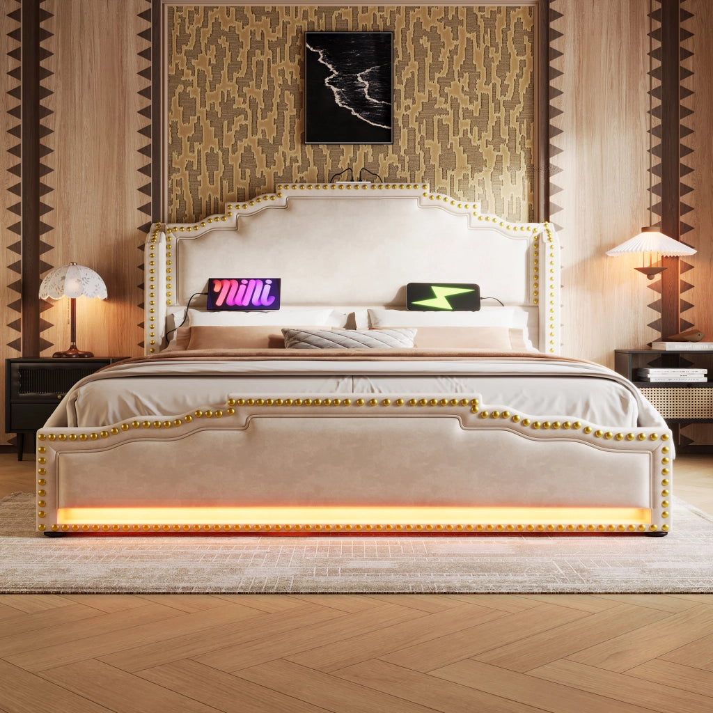 letto imbottito velluto beige 140 x 200 cm