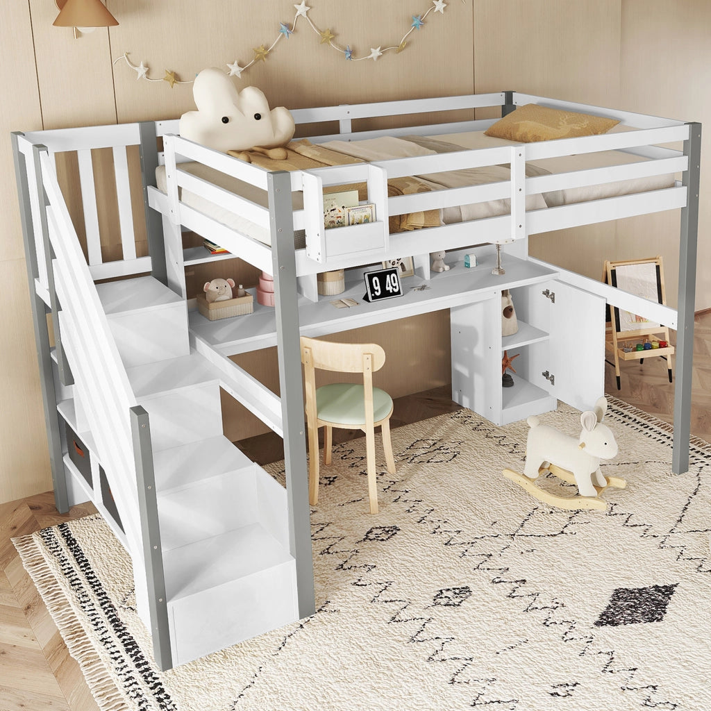 LETTO a soppalco con scrivania e scaffale, 90 x 200 cm, bianco/grigio