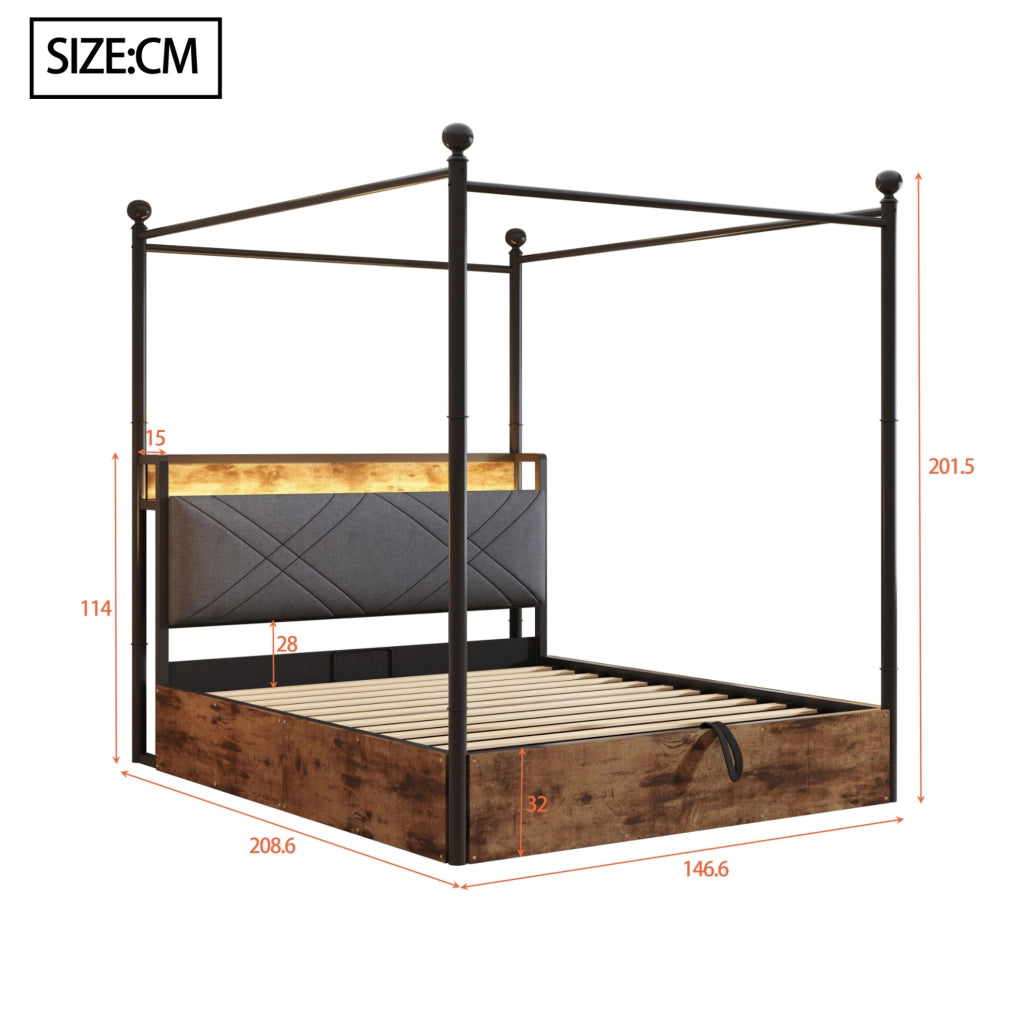 Letto matrimoniale multifunzione con contenitore, LED e porte USB/Type-C