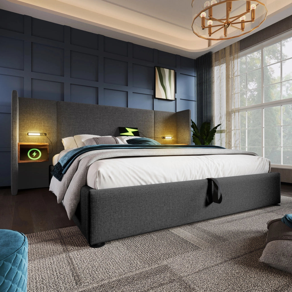 DESMIU Letto Contenitore Letto Matrimoniale 180 × 200 cm con ripiani, USB, Type-C e lampada da lettura, senza materasso