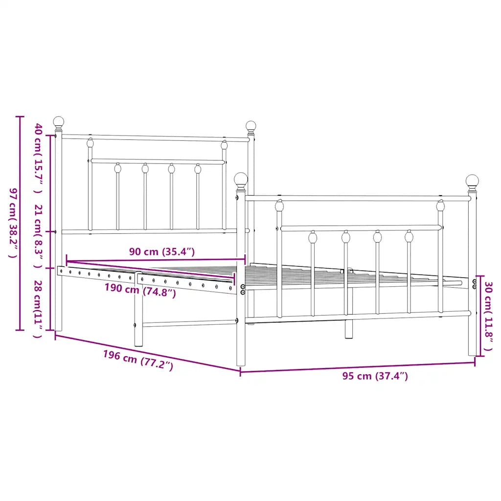 Letto singolo | Letto per adulti | Giroletto con Testiera e Pediera Metallo Bianco 90x190 cm