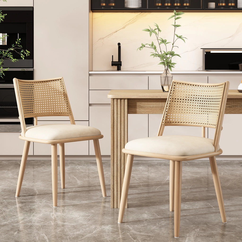 Set di 2 sedie da pranzo con schienale in rattan e seduta in PU per sala da pranzo in rattan beige