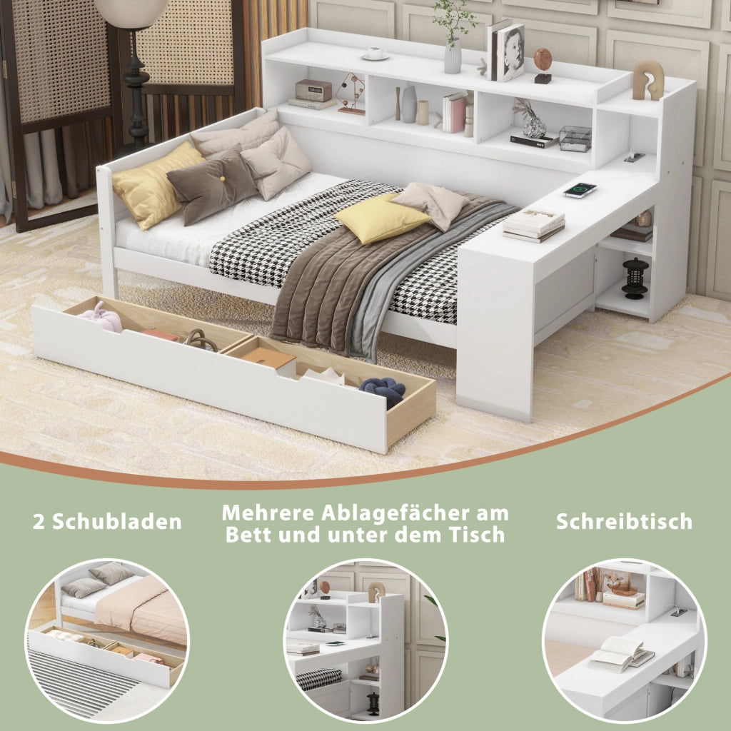 Letto singolo 90×200 cm con scrivania; 2 cassetti; prese USB e vano portaoggetti; senza materasso; bianco