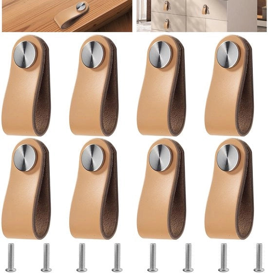 Maniglie in pelle beige - 8 pezzi - Maniglie porta - Maniglie cassetto - Stile vintage - Dimensioni 65 mm x 25 mm