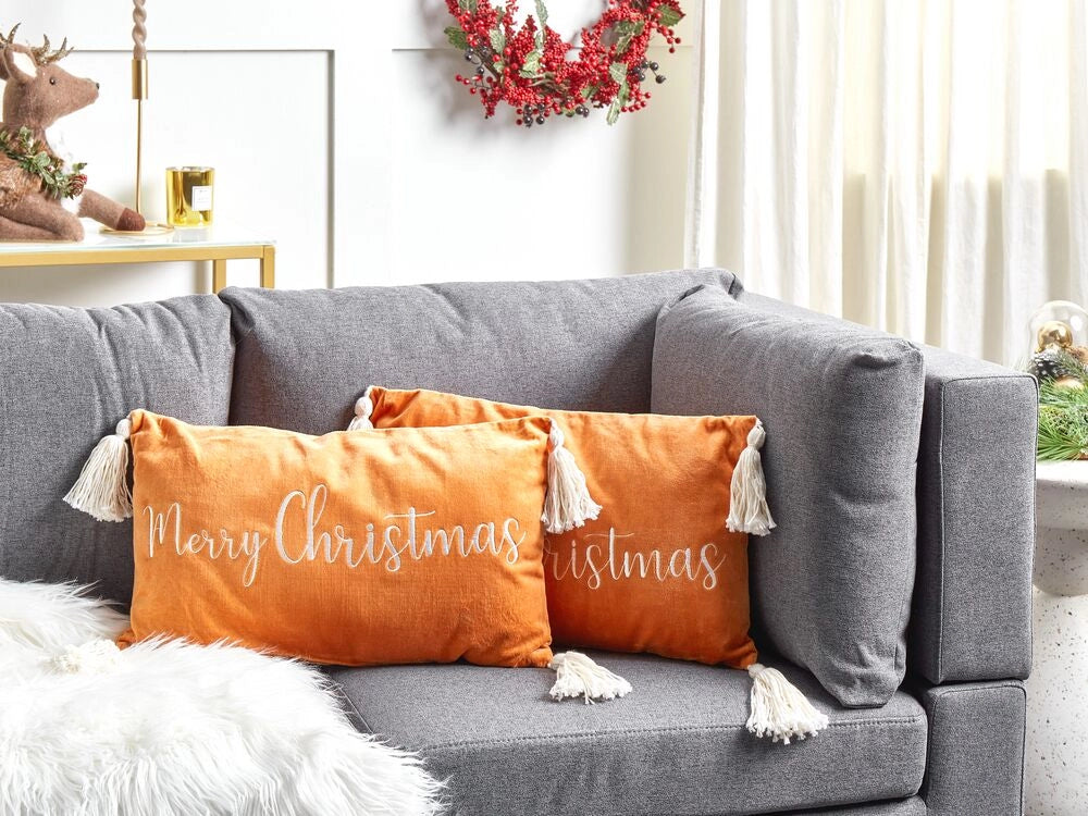 Set di 2 cuscini decorativi in cotone velluto con motivo natalizio e nappe arancione 30 x 50 cm soggiorno camera da letto