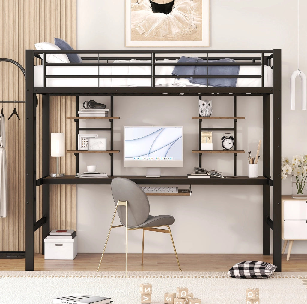 Letto a soppalco 90x200 cm nero in metallo con scrivania e 2 librerie