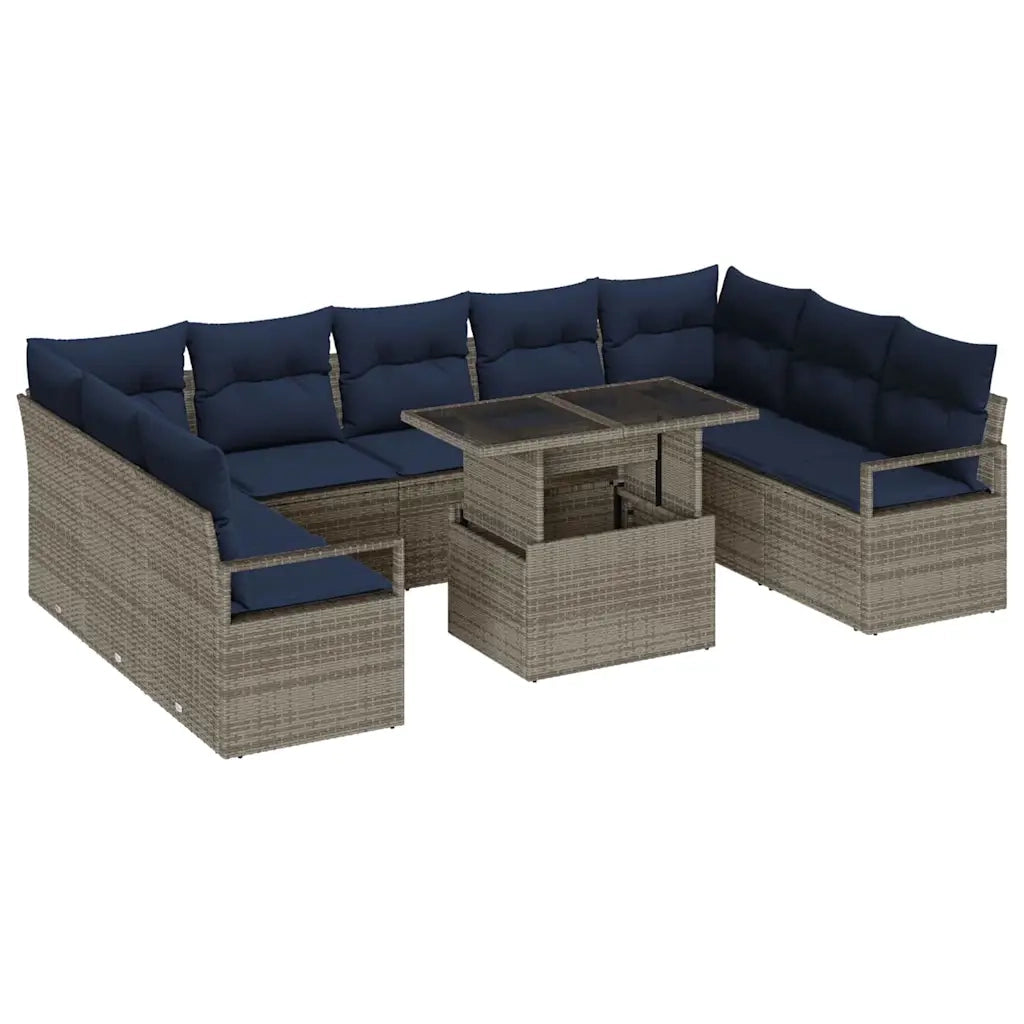 Set Divano da Giardino 10 pcs Grigio e Blu Navy Poly Rattan 3348891