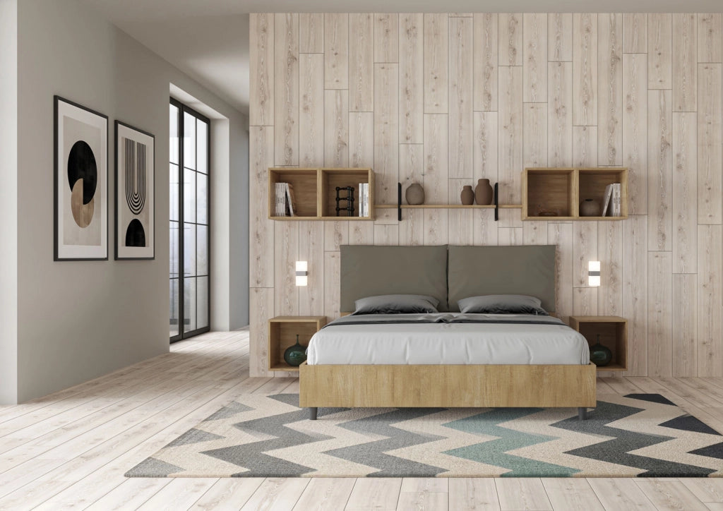 Letto Matrimoniale 160x190 cm con Rete e Contenitore Struttura Quercia con Cuscini in Similpelle Egos Antea Cappuccino