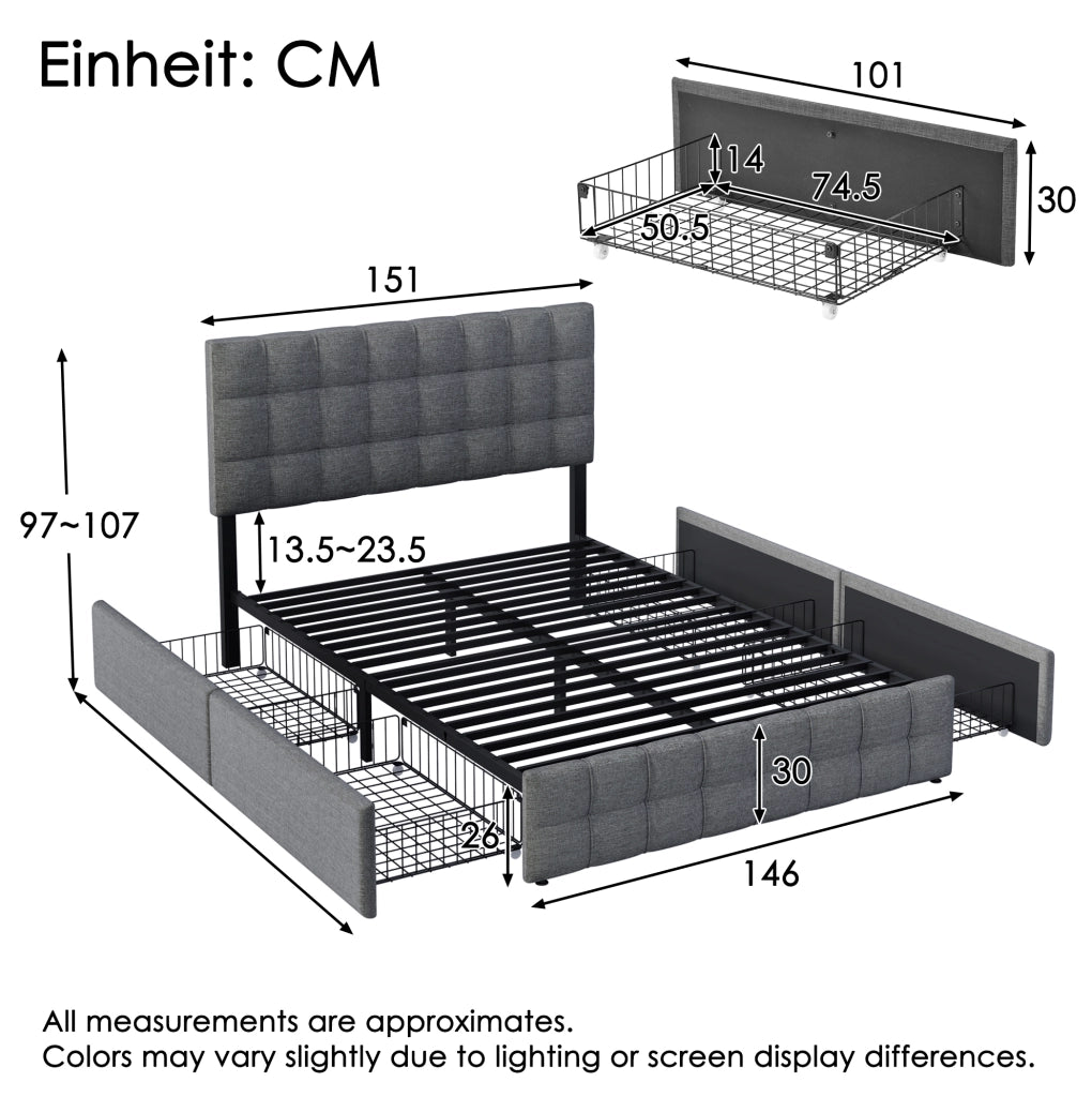 Letto matrimoniale imbottito 140x200 cm con 4 cassetti e materasso incluso