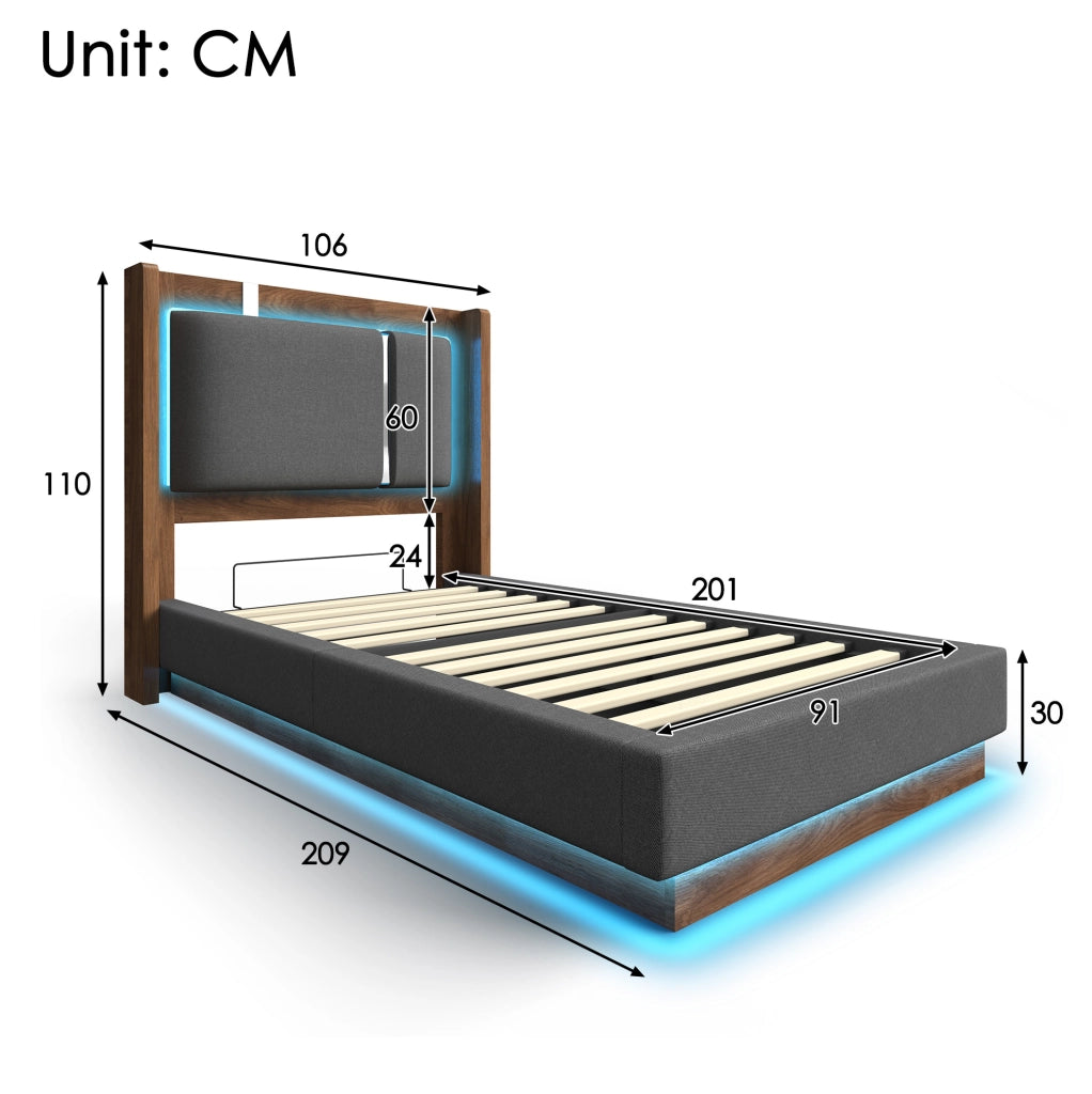 Letto imbottito 90x200 cm con LED; contenitore sollevabile e rete; grigio e noce