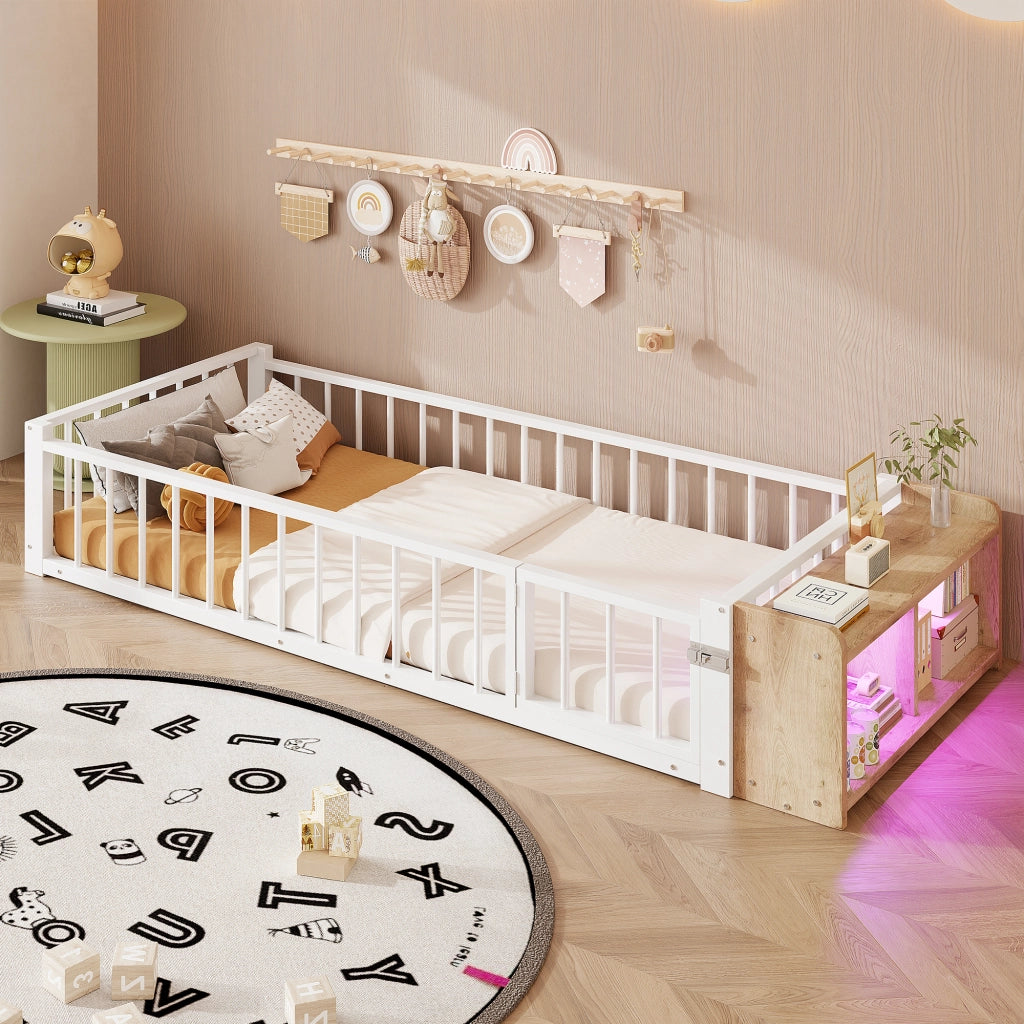 OKWISH Letto per Bambini 90 x 200 cm con Sponda, Vano Aperto e LED, senza Materasso, Metallo e MDF, Bianco