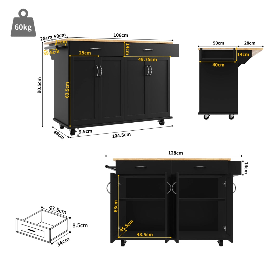 OKWISH Carrello da cucina con 2 cassetti, piano ribaltabile, portaasciugamani e ruote, MDF, 106 x 50 x 90.5 cm, nero