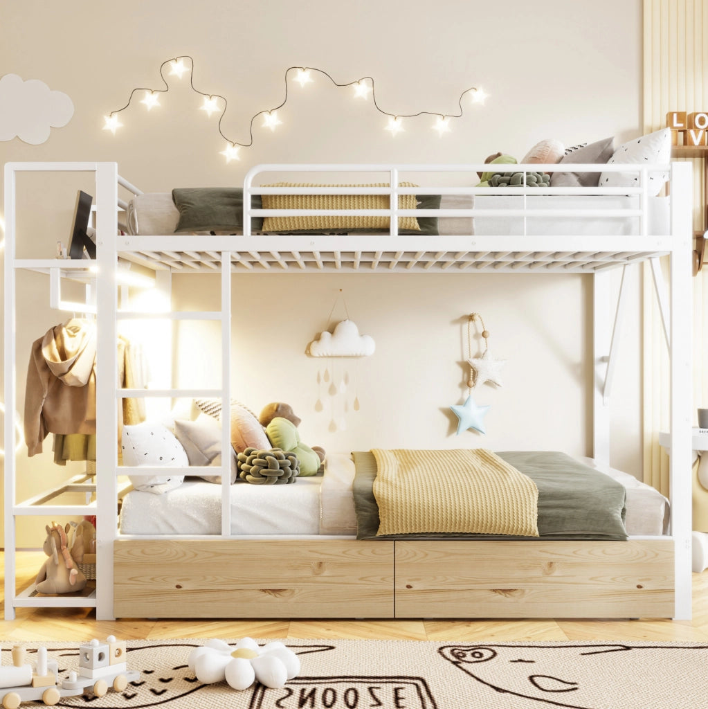 Letto a castello 140x200 cm con LED, 2 cassetti e ripiani integrati