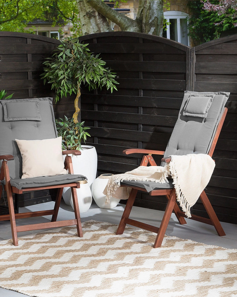 Set di 2 sedie da giardino in legno di acacia grigio cuscino regolabile pieghevole per esterni in stile rustico country