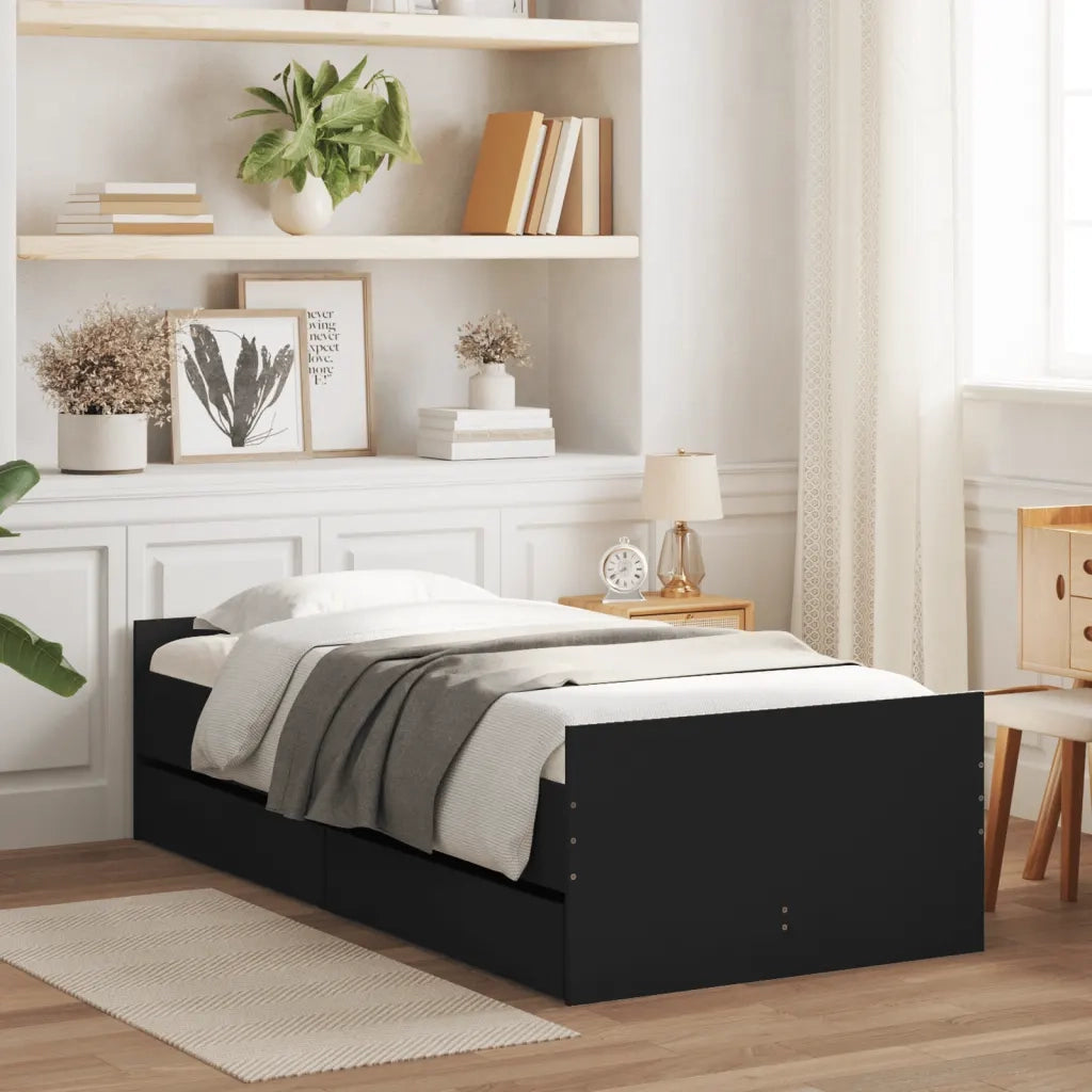 Letto singolo | Letto per adulti | Giroletto Nero con Cassetti 75x190 cm Small Single