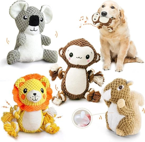 Giocattoli per Cani - Giocattolo Interattivo Plush per Cani - Giocattolo per Cani Resistente - Con Suono Piezoelettrico - Giocattolo per Cacciare - Per Puppi/Cani Piccoli/Medie Taglie - 4 Pack
