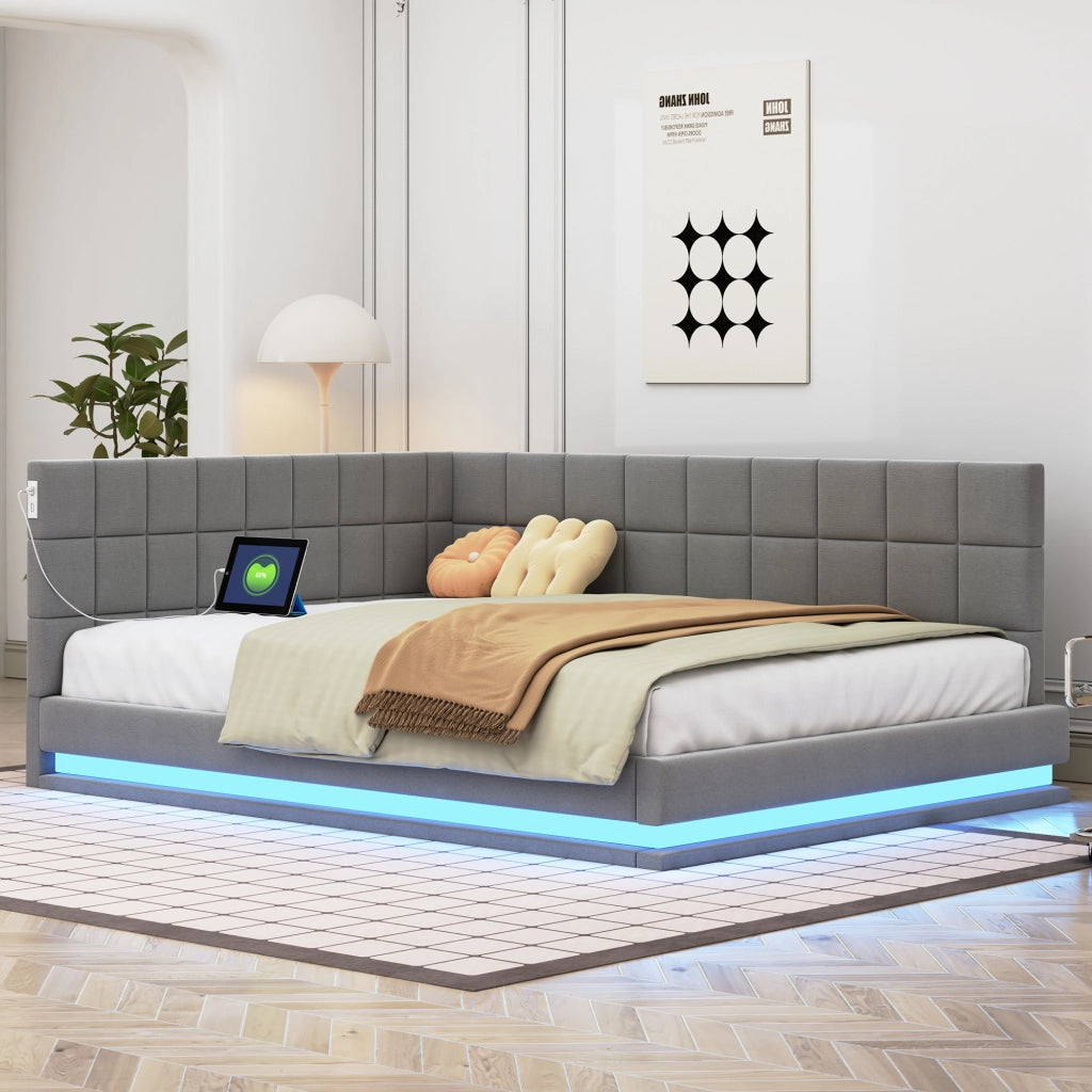 LETTO DIVANO Imbottito 140x200 cm Grigio in Lino con LED e USB