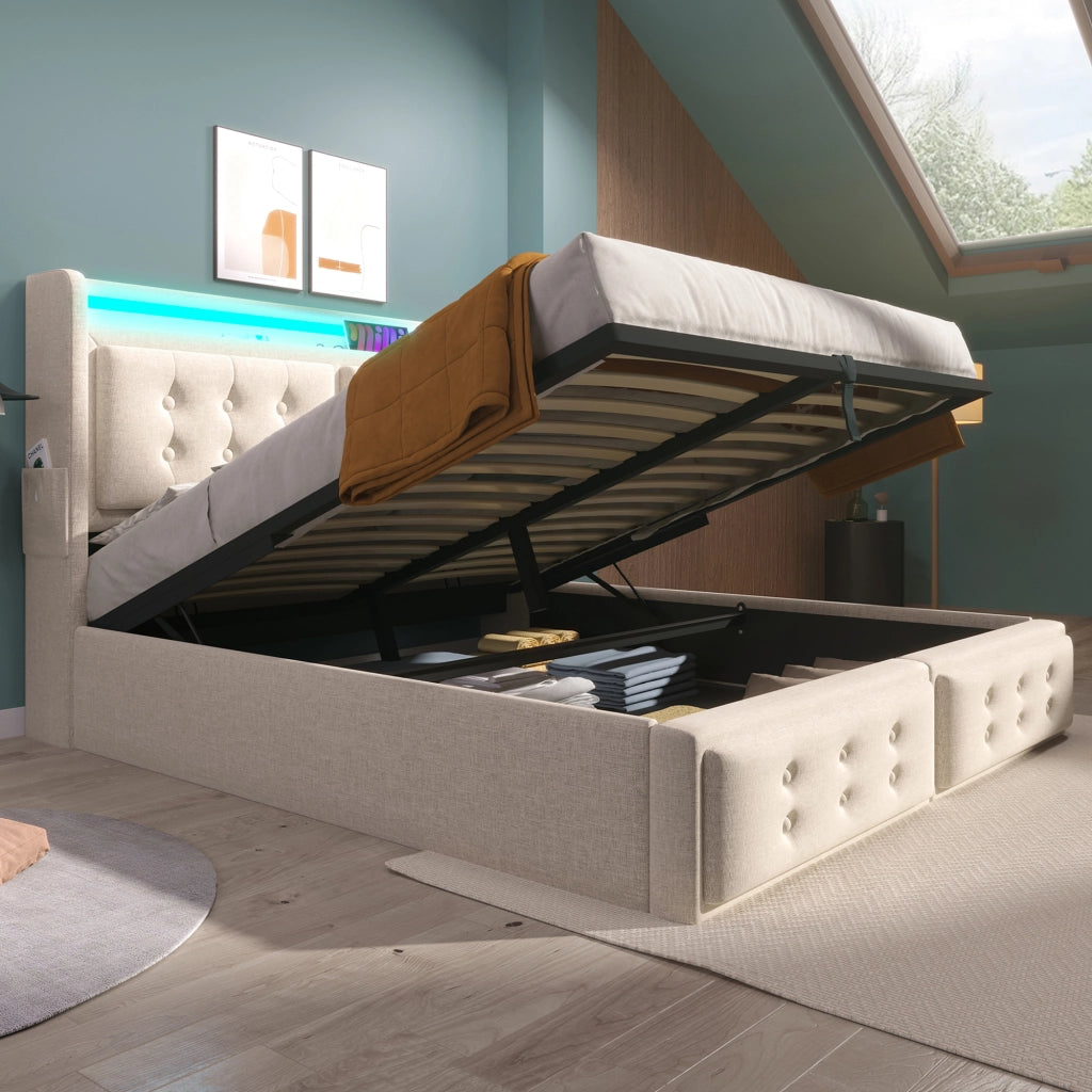 OKWISH Letto Contenitore 180×200 cm, Letto Matrimoniale con LED Regolabile, USB, Tipo C e Prese, senza Materasso, Beige
