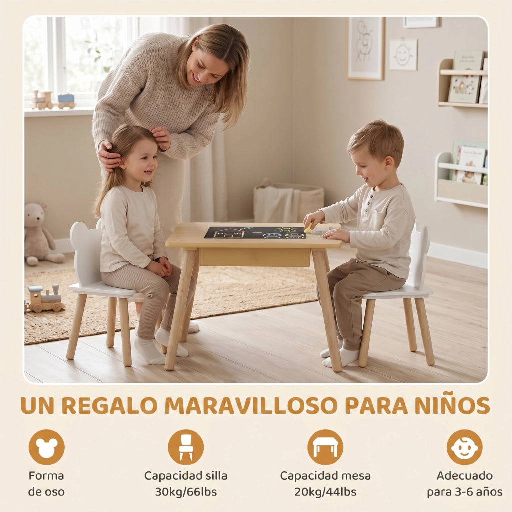 Tavolo da pranzo per bambini con 2 sedie e lavagna ¨C zephmum ¨C bianco e naturale 60x60x44 cm