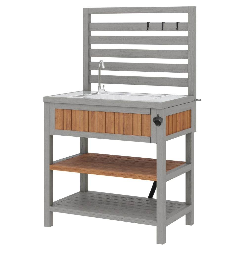 Mobile da esterno multifunzione con lavabo e rubinetto integrati; 80 x 51 x 148;5 cm in legno naturale