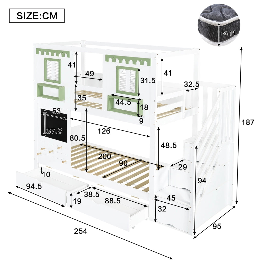 DESMIU Letto a castello bambino 90 × 200 cm con scala contenitore, 2 cassetti, senza materasso, in legno, bianco e verde