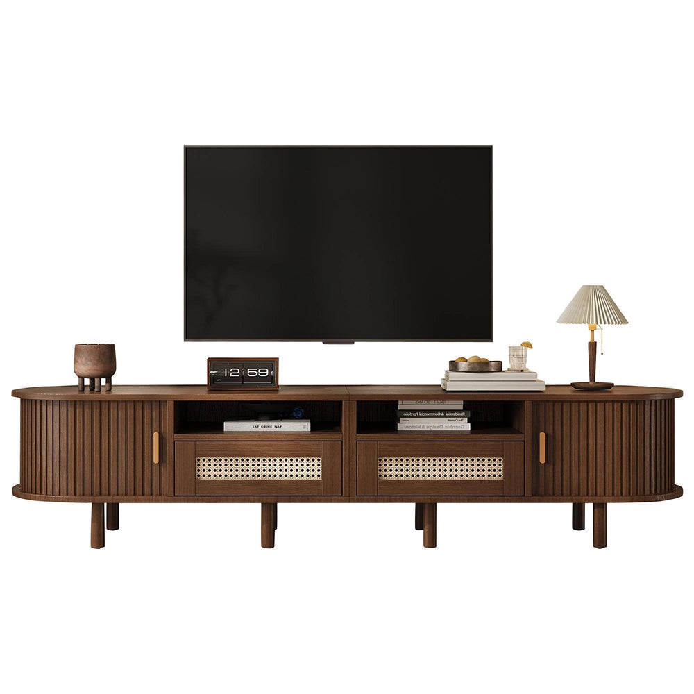 Mobile TV Ovale 170x40x40cm - Xylo - 2 Cassetti in Vimini, 2 Ante Scorrevoli, Noce
