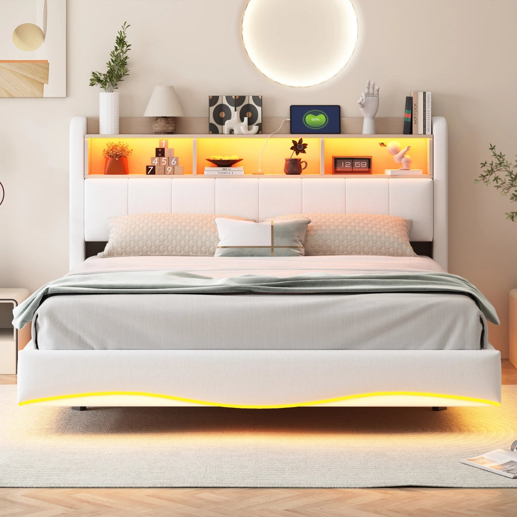 LETTO Imbottito Sospeso 160x200 cm Beige con LED e USB Type-C