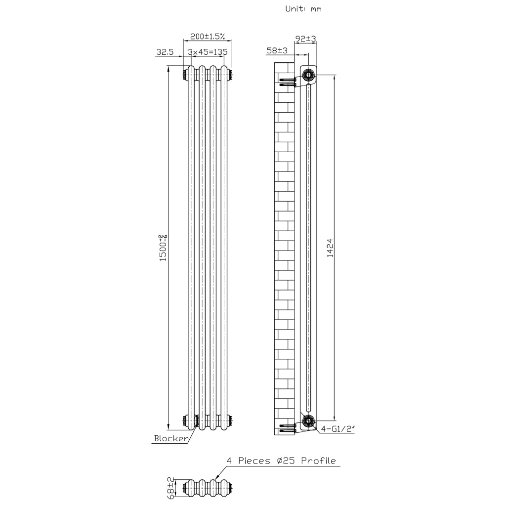 Radiatore 2 Colonne Verticale Metallo Grezzo 1500 x 200 mm TRV