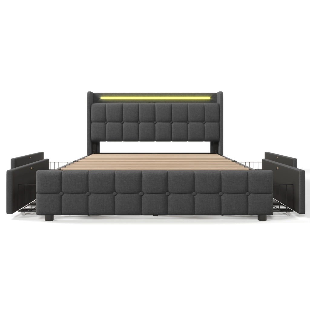 Letto Imbottito con LED, USB e Cassetti ¨C MINIMAL ¨C Grigio 180x200