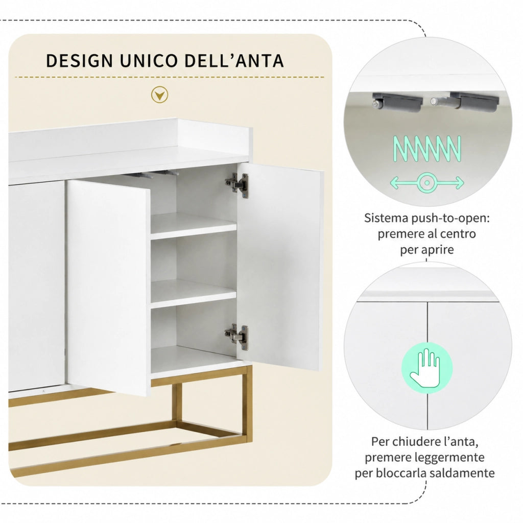 Credenza buffet 120cm bianca, mobile soggiorno pannello di particelle con base metallo oro, 4 ante push‑to‑open, ripiani regolabili per sala da pranzo ingresso