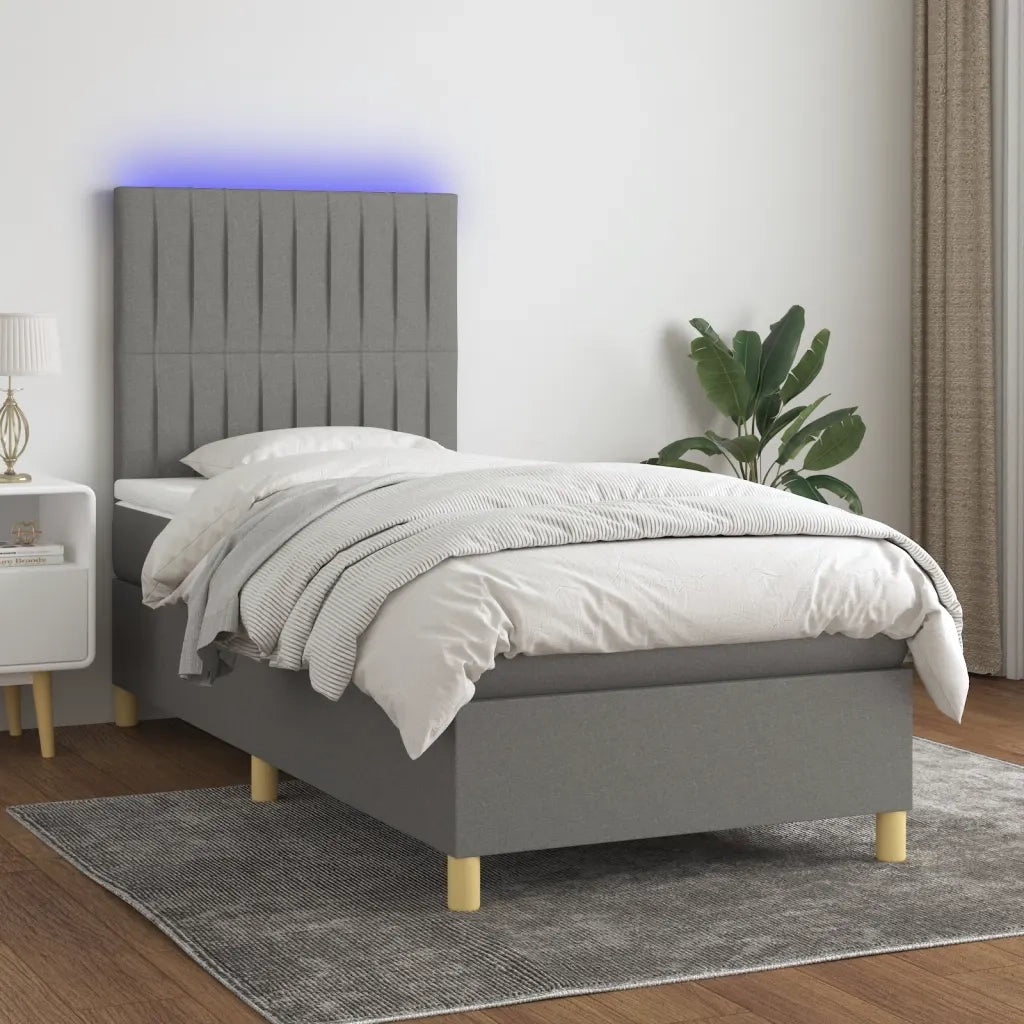 Letto a Molle Materasso e LED Grigio Scuro 80x200 cm in Tessuto