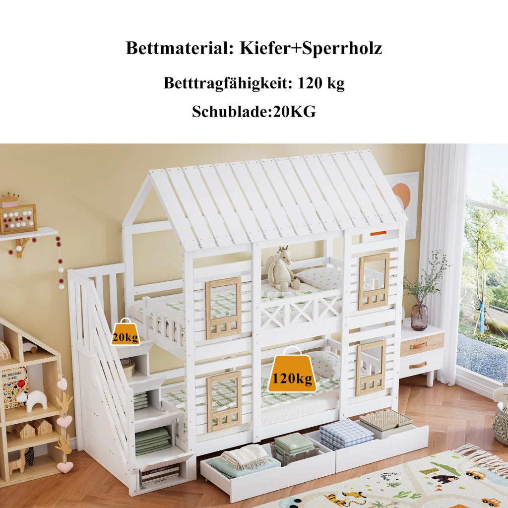 OKWISH Letto a Castello 90×200 cm, Letto Singolo con Finestre, 2 Cassetti, Scala con 4 Vani e Spondine, senza Materasso