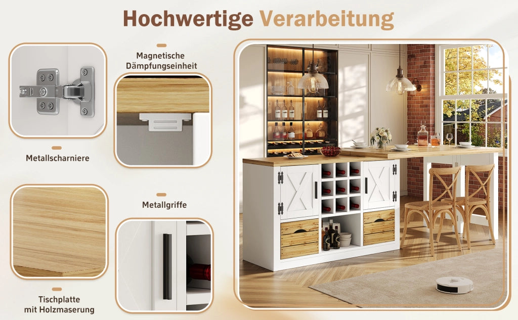 Tavolo da pranzo allungabile con sideboard, piano girevole a 360°, MDF, bianco