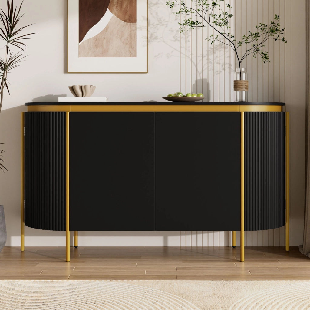 Credenza da 4 ante, mobile da ingresso, in MDF, con gambe in metallo, angoli arrotondati, colore nero