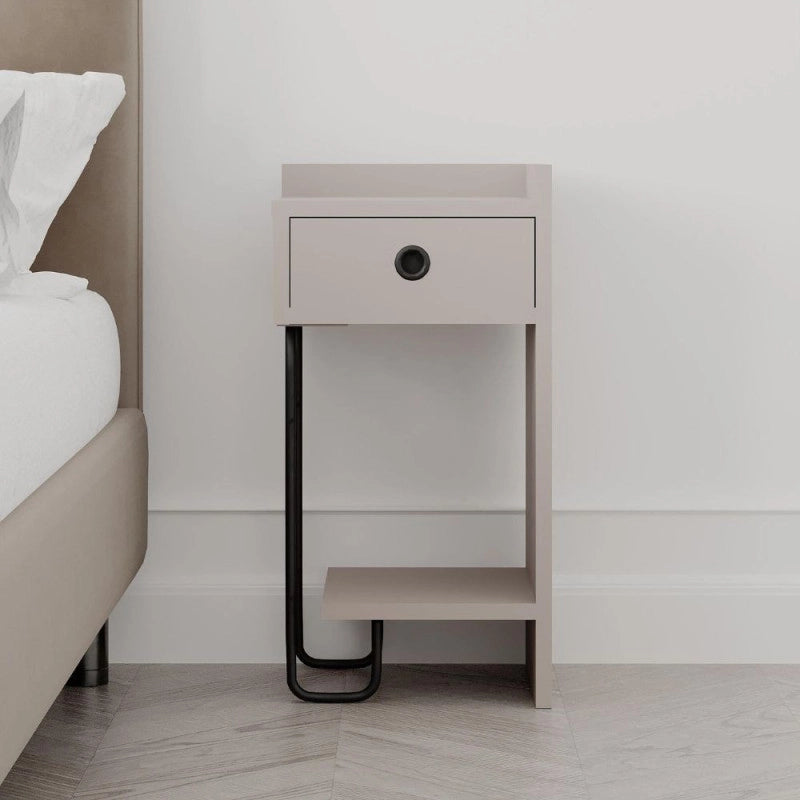 Comodino Sirius con cassetto tortora e gamba in metallo nero destro