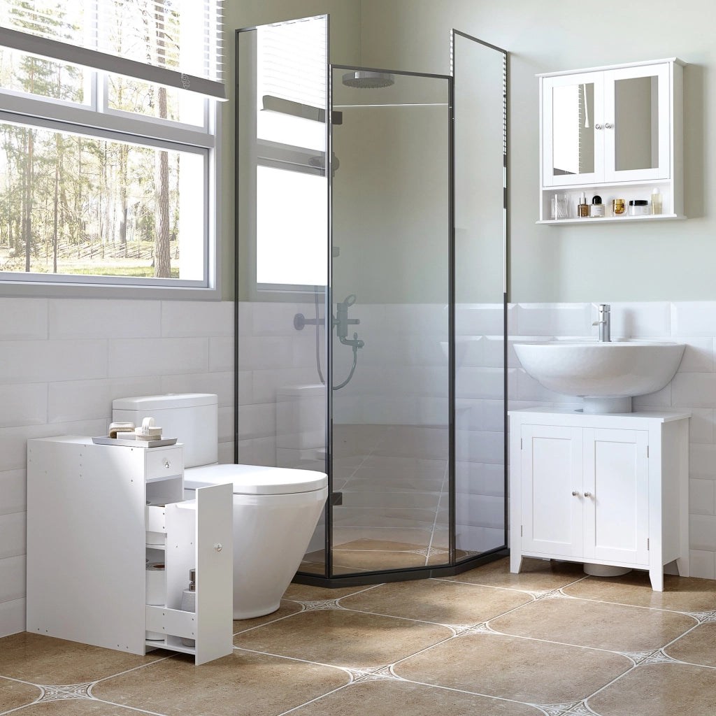 EasyComfort Mobiletto Armadietto a Muro con Specchio da Bagno Cucina in MDF 56 x 13 x 58cm Bianco