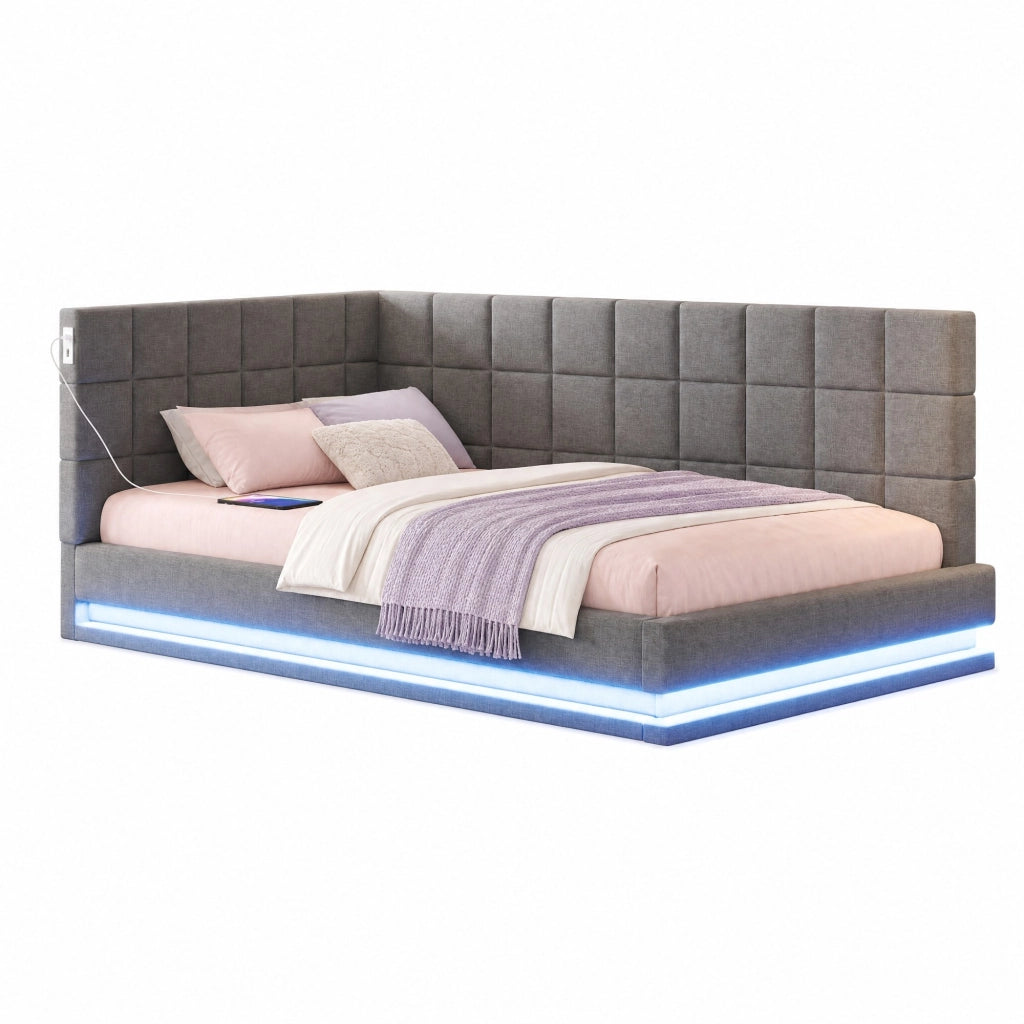 Divano letto imbottito 90x200 cm con LED; porta USB e rete a doghe; in lino grigio