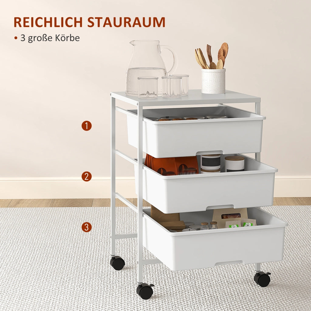 Carrello con 3 Cestini, Mobile Multiuso con Ruote ¨C zephmum ¨C Bianco, 40.8x33.5x60.5 cm