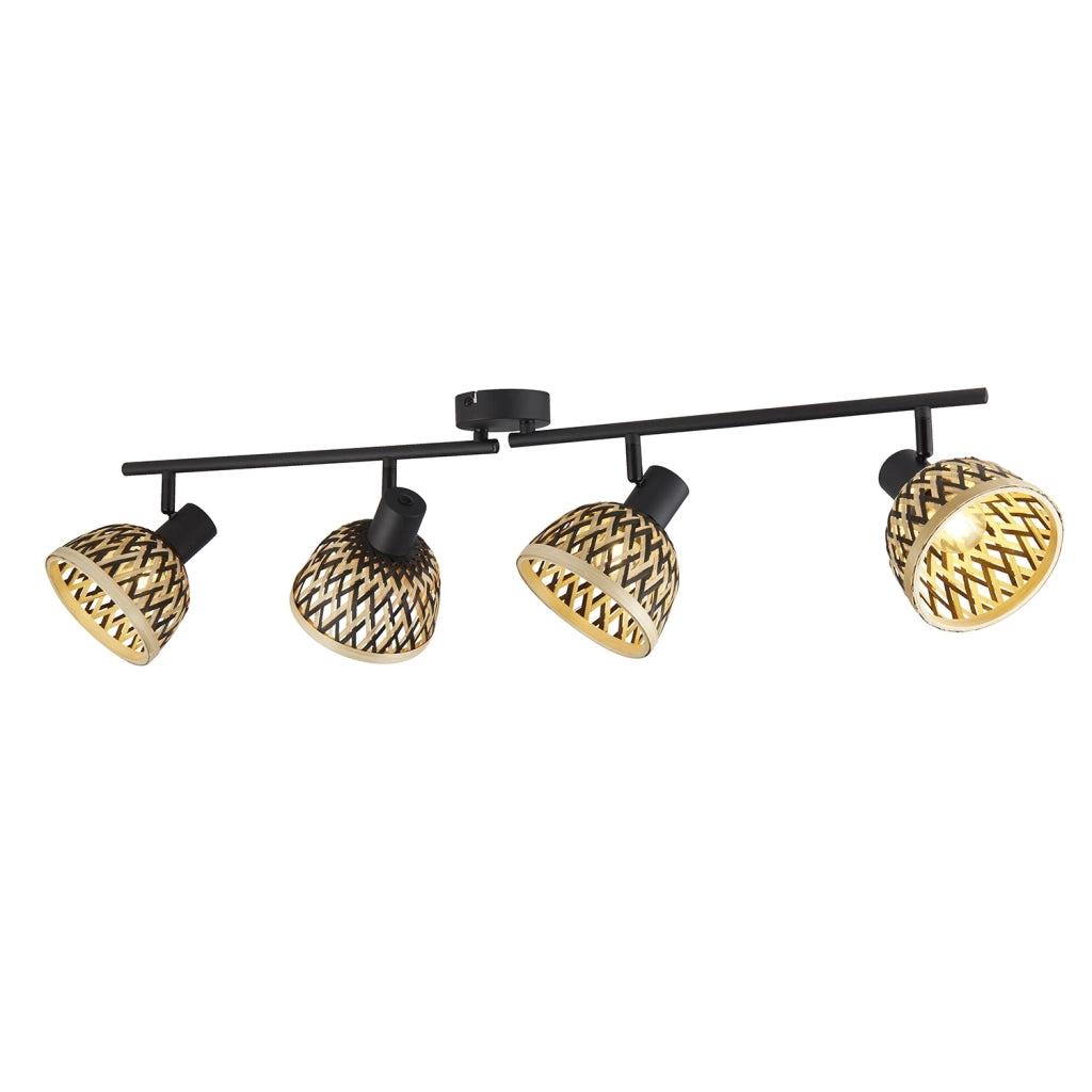 Plafoniera Industrial-Nordico Lancia Acciaio Nero Legno Marrone 4 Luci E14
