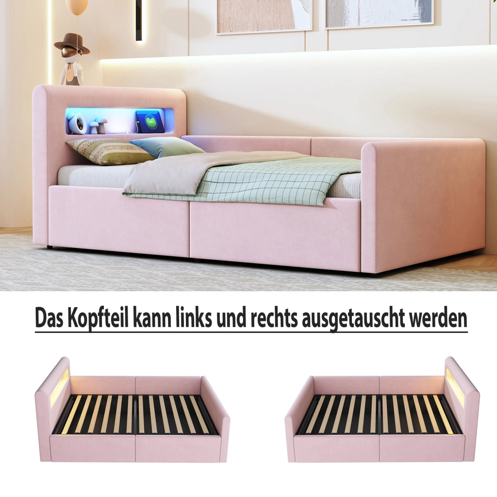 LETTO imbottito bambini 90x200 cm in velluto rosa con LED, USB e contenitore