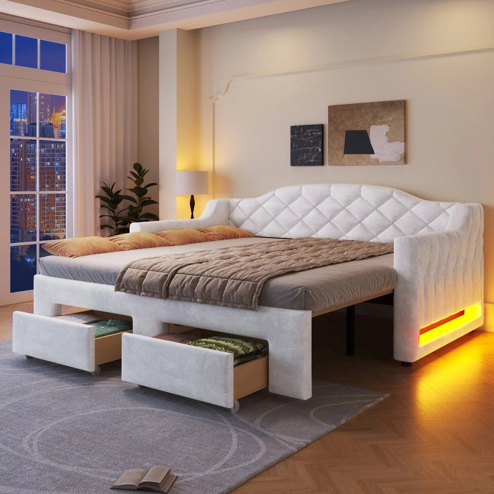 Letto Imbottito con Cassetti e LED ¨C Xylo ¨C Bianco, 90x200/180x200