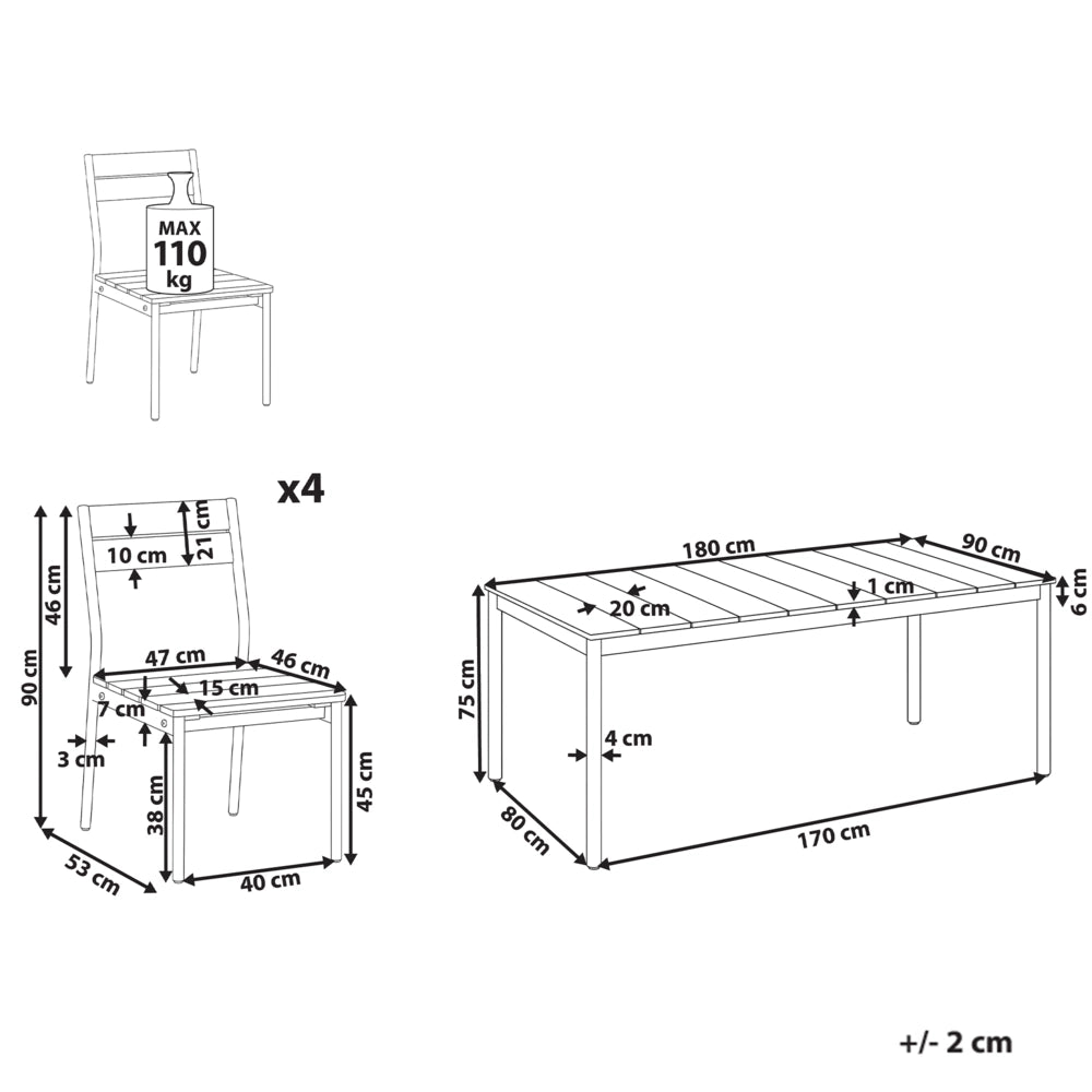 Set da pranzo da giardino con tavolo e 4 sedie in legno di acacia marrone con struttura in acciaio e compensato, 6 posti, moderno