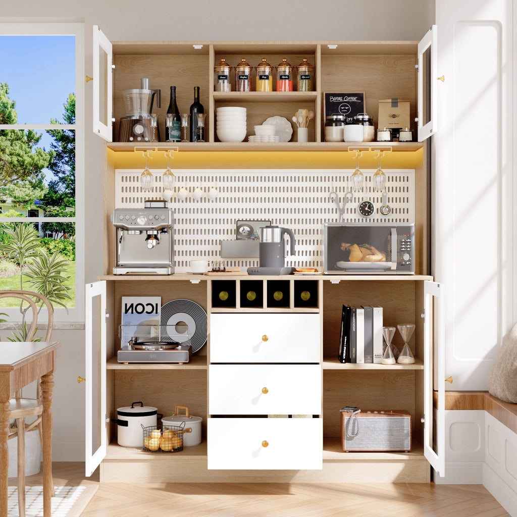 Credenza alta da cucina con cassetto; portabottiglie; portabicchieri; ripiani regolabili e LED per cucina in MDF e vetro 140x40x185;7 cm Bianco