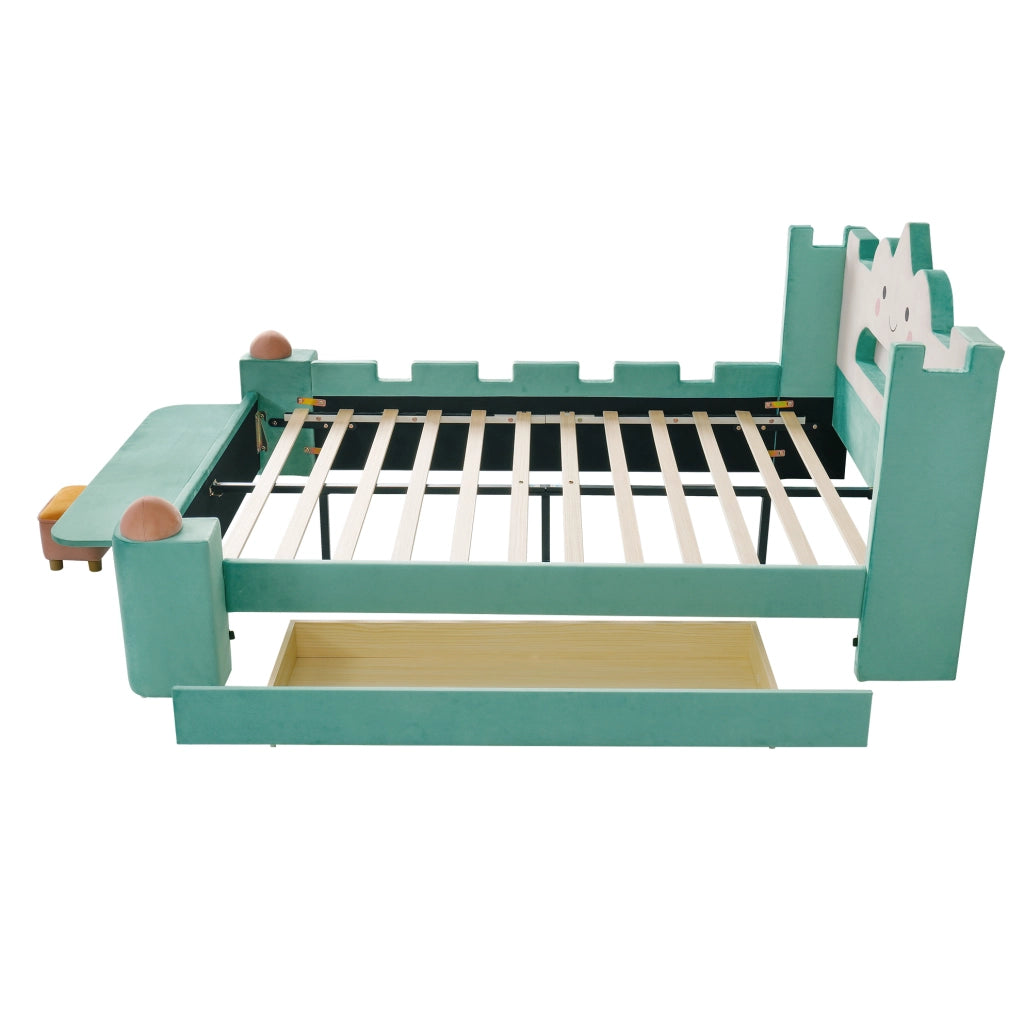 Letto per bambini 140x200 cm con lampada da lettura; USB; contenitore e ripiano in velluto bluverde