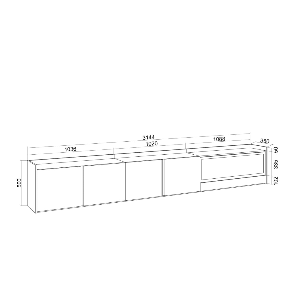 Mobile TV Soggiorno, 315x50x35 cm, Per TV fino a 80", Camino elettrico XXL, Rovere e nero