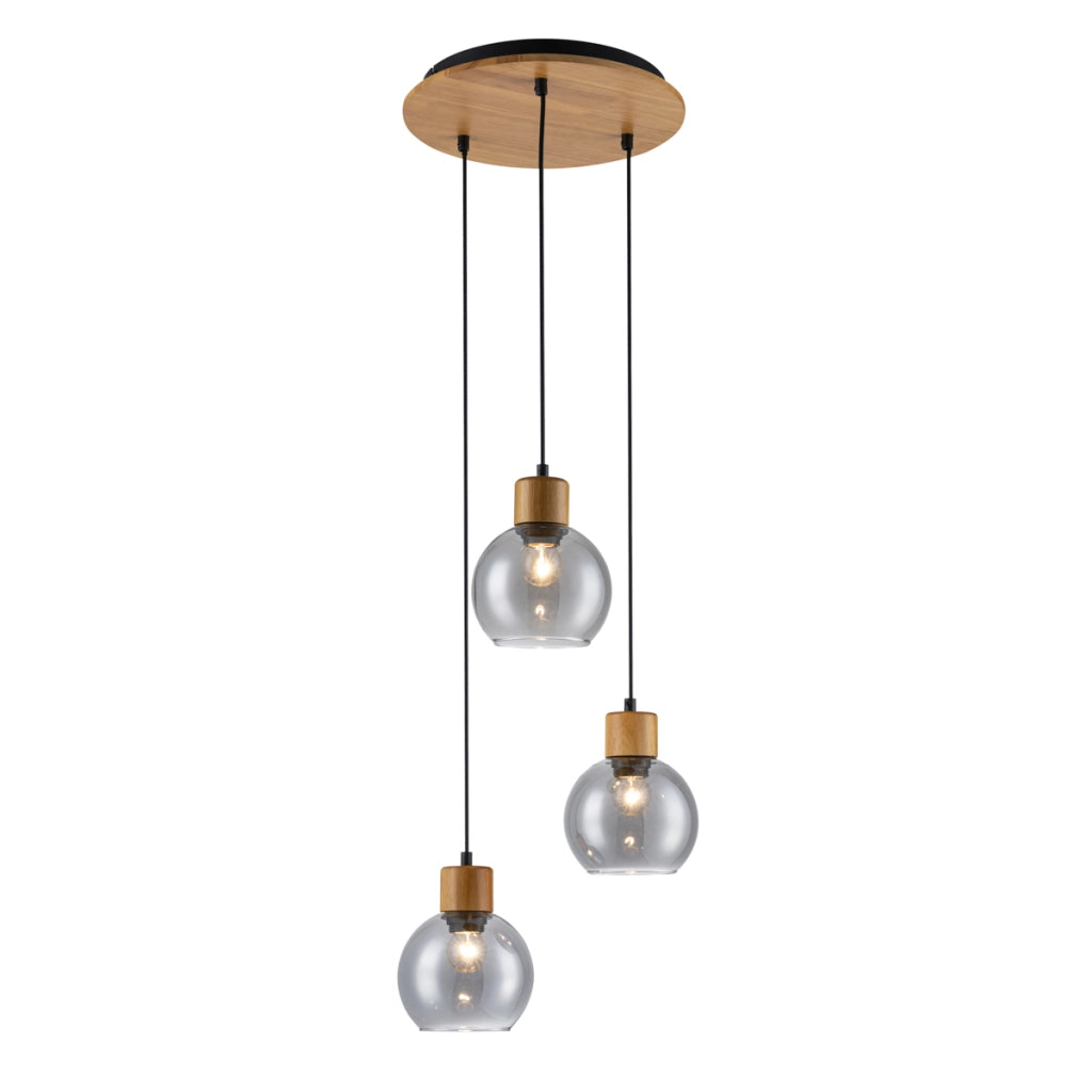 Sospensione nordica legno tonda vetro fumé 3xE27 Italux
