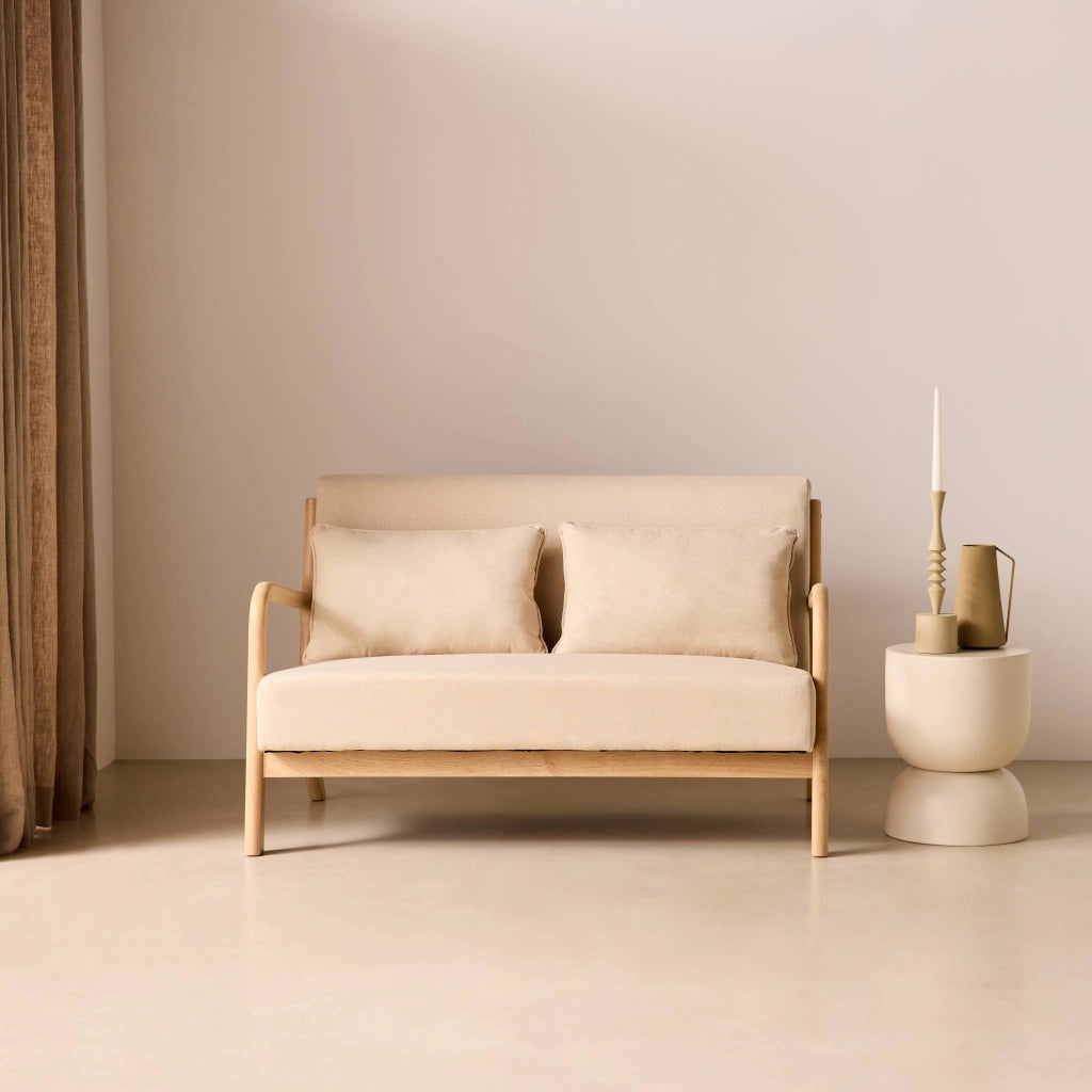 Panca stile scandinavo in legno e tessuto, 2 posti, beige