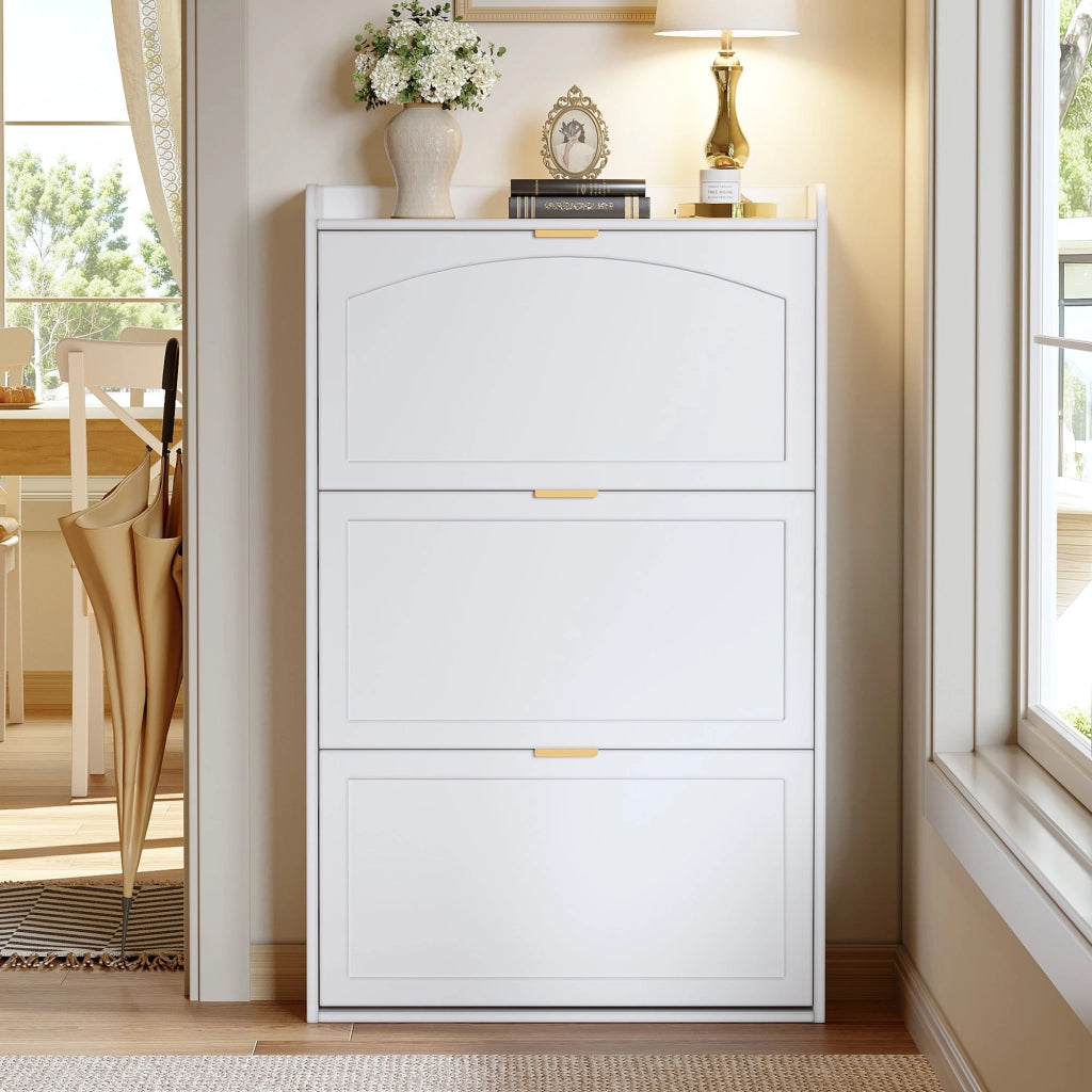 Scarpiera con 3 ante ribaltabili per ingresso e soggiorno in truciolare bianco 76x23x118 cm