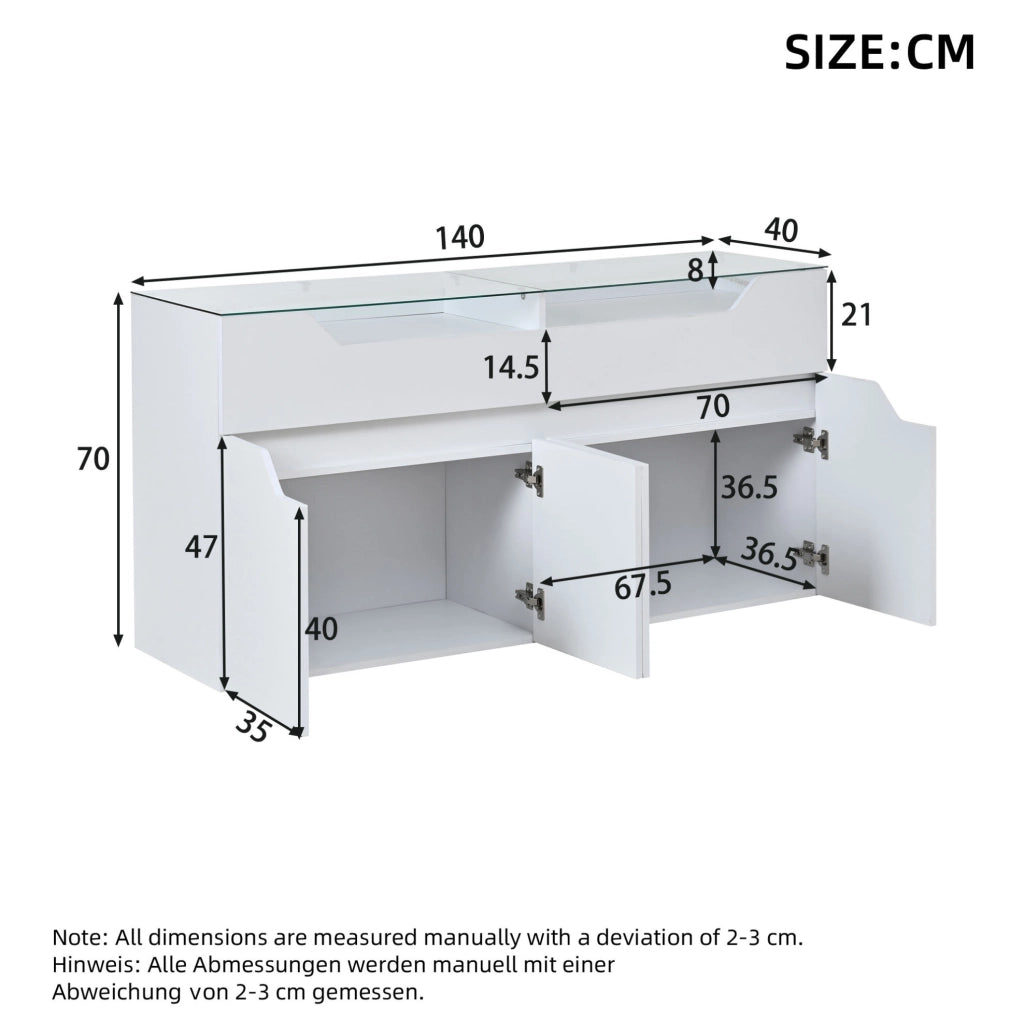Credenza sideboard 140x40x70 cm in MDF bianco con piano in vetro temperato e LED