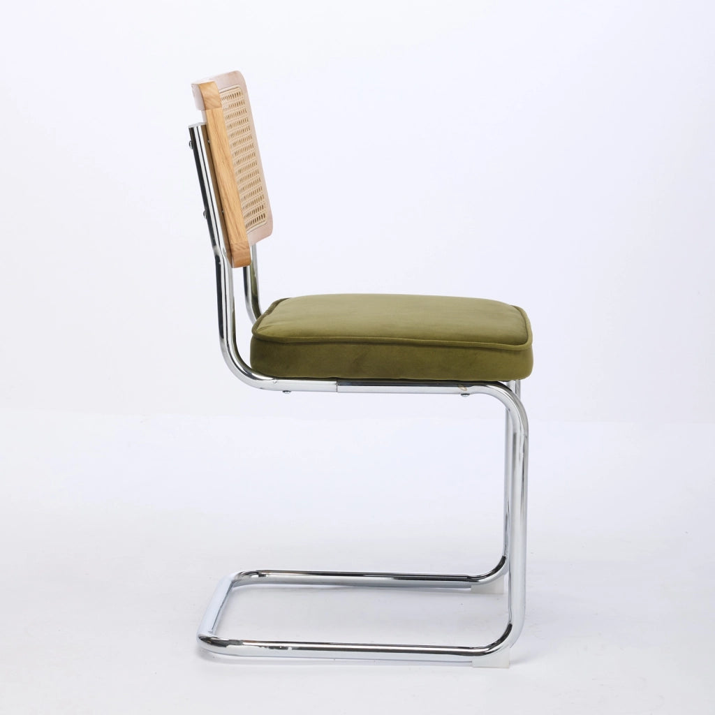 Set 2 Sedie da Pranzo in Velluto con Schienale in Rattan ¨C Xylo ¨C Verde, Gambe Cromate
